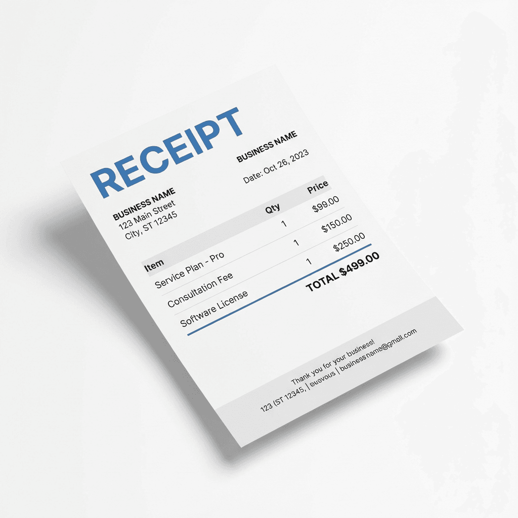 Collection of different receipt types including sales, service, and rent receipts